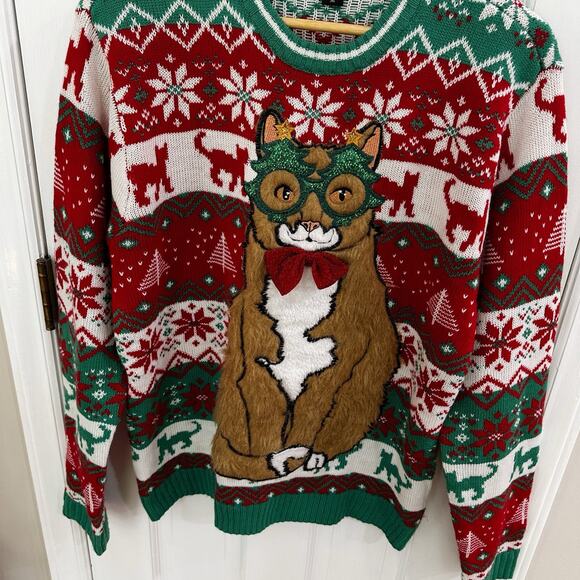 Unisex Blizzard Bay Ugly Christmas Holiday Sweater Red Green Cat M - Picture 3 of 4